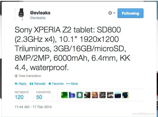 Фото и спецификации планшета Sony Xperia Tablet Z2